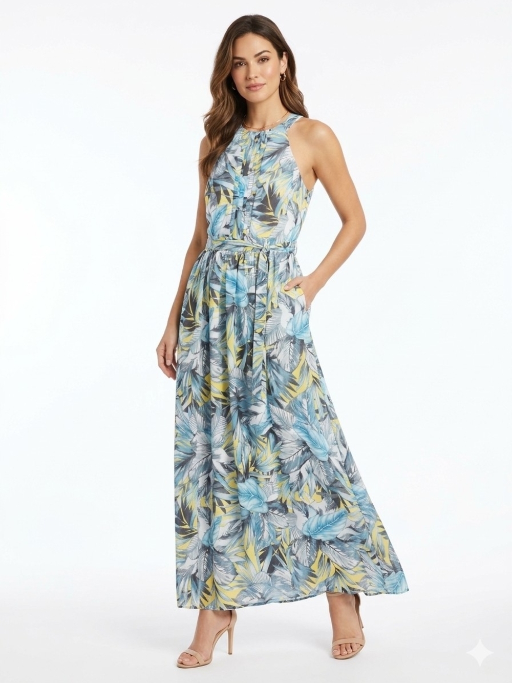 ANNE KLEIN Tropical Patio Leaf Print Halter Maxi Dress Lightweight Chiffon NWOT